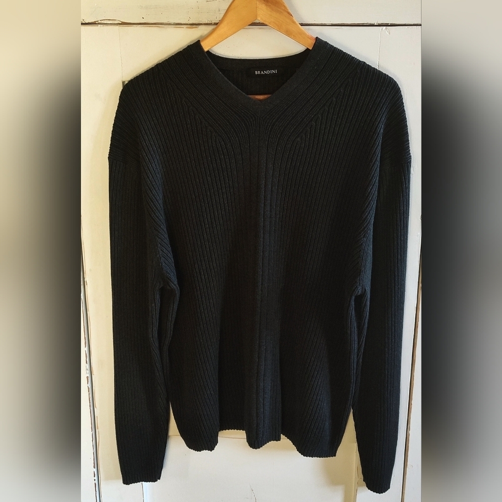 Brandini Men's Dark Academia Black Ribbed V Neck Knit Sweater | XL
